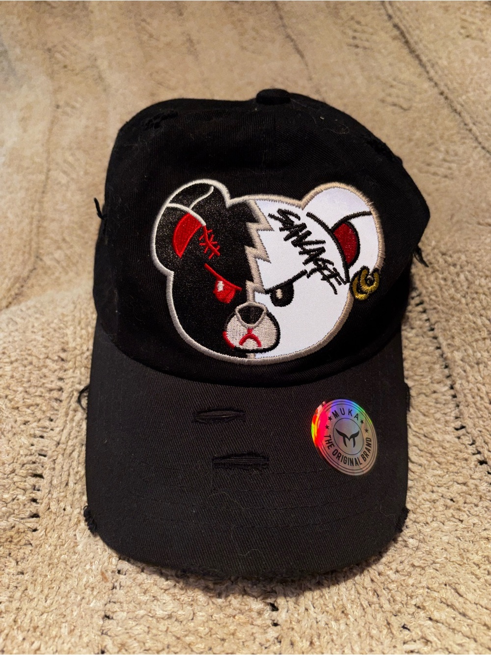 Muka Savage Bear Split Face Distressed Black Hat Adjustable NWT